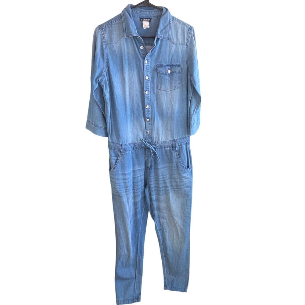 Venus‎ Womens Light Wash Denim Button Front Drawstring Waist Jumpsuit Size 8